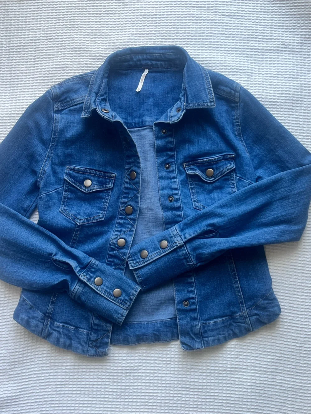 Free People Denim Stretch Snap Front Blue Jean Boho Western Rodeo Jacket S - Picture 8 of 10